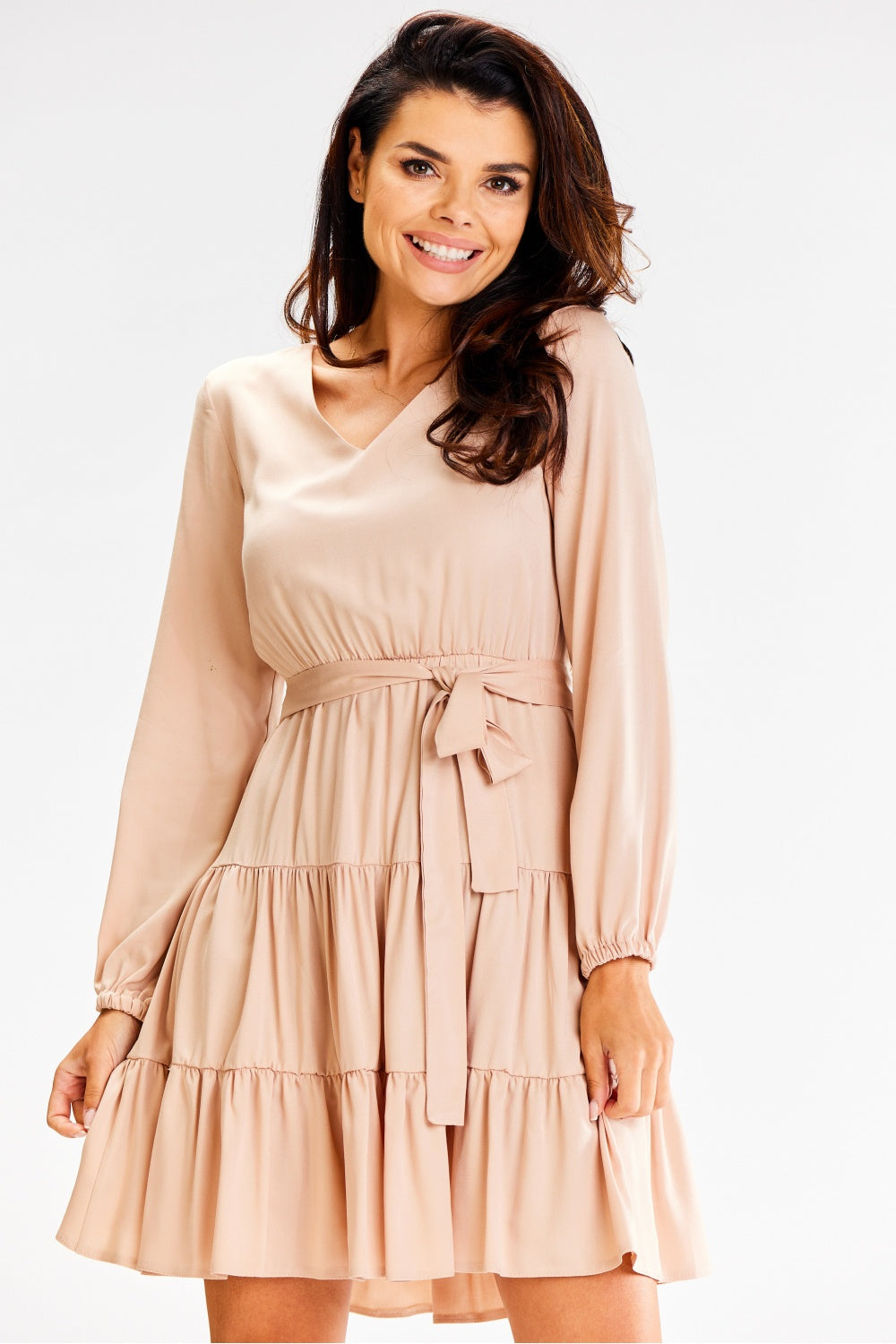 Awama Beige Flared Long Sleeve Dress
