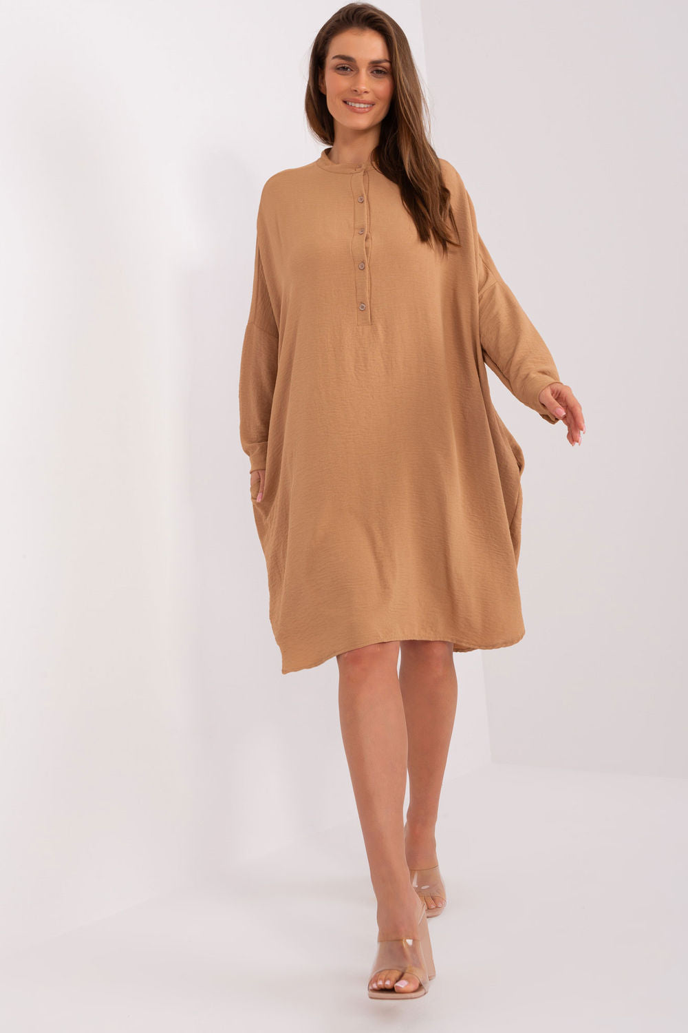 Italy Moda Camel Button Front Long Sleeve Dress