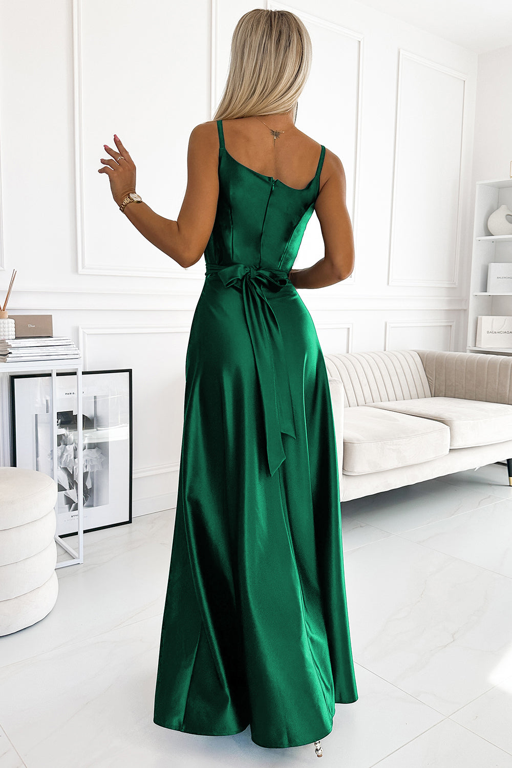 Numoco Juliet Bottle Green Satin Maxi Dress - view 2