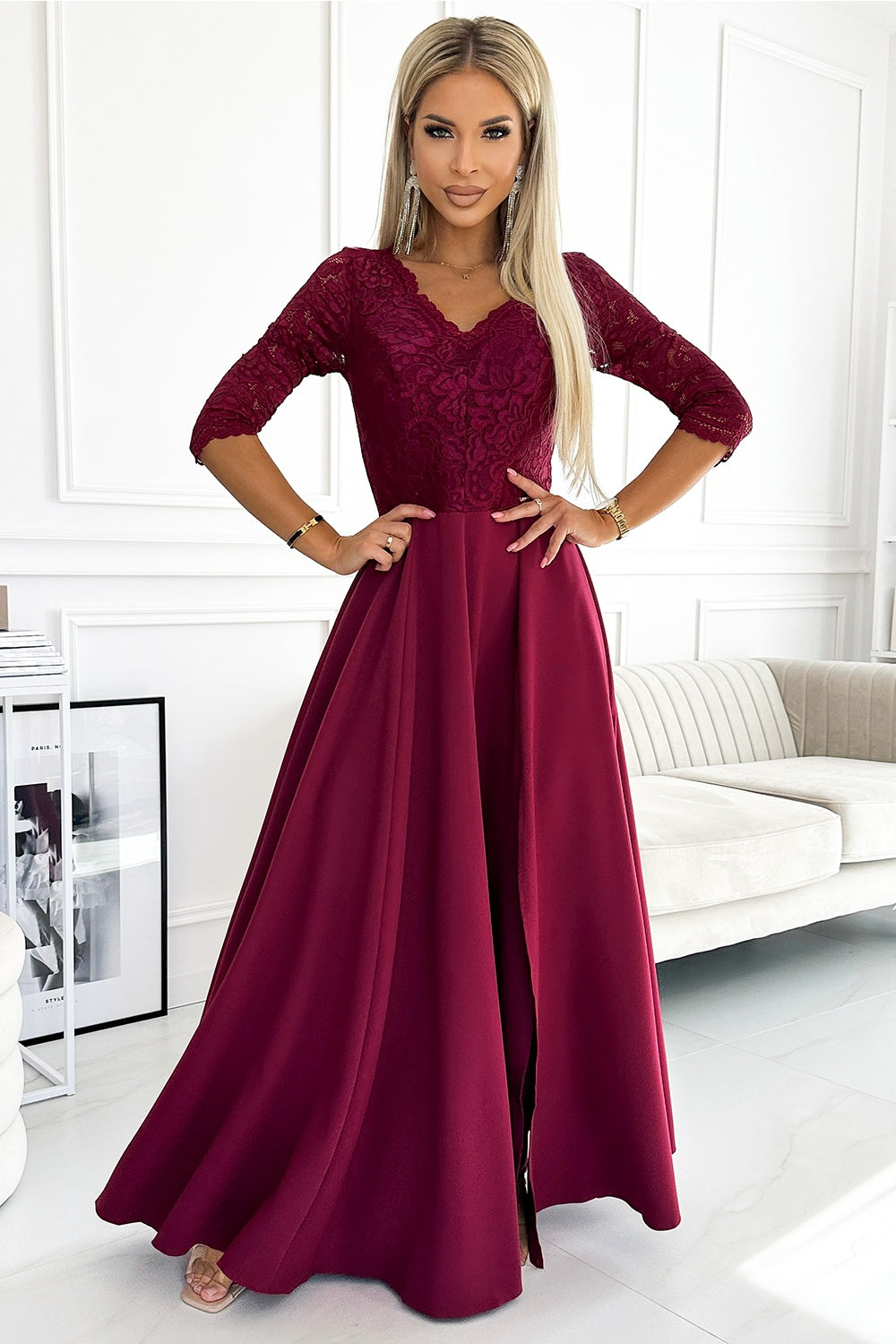 Numoco Amber Burgundy Lace Maxi Dress