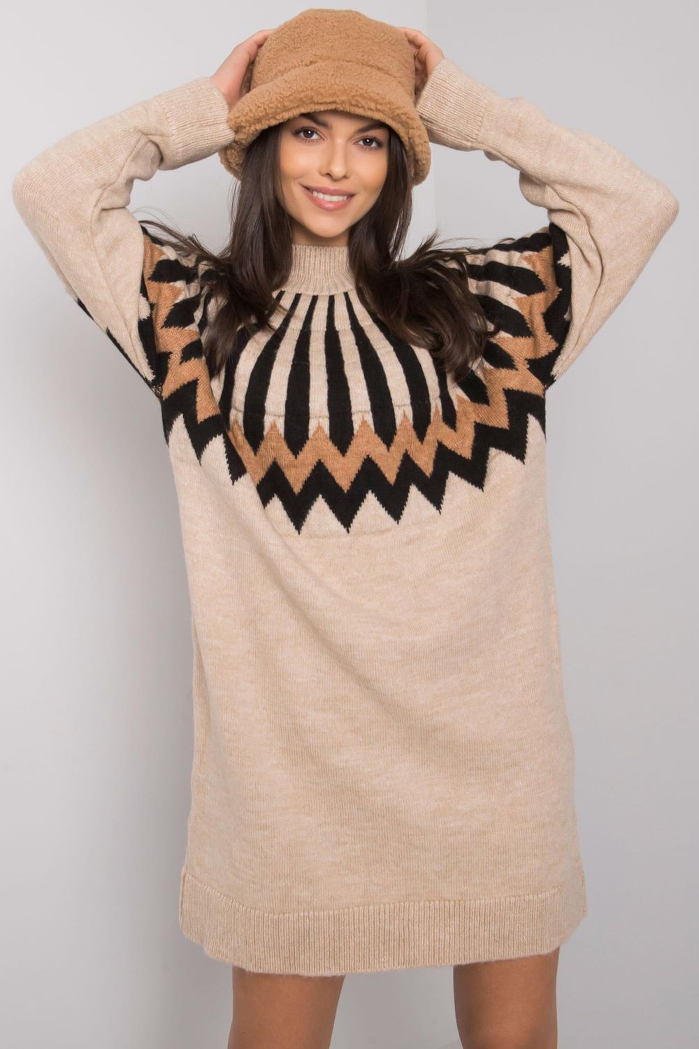 Rue Paris Beige Knitted Long Sleeve Dress
