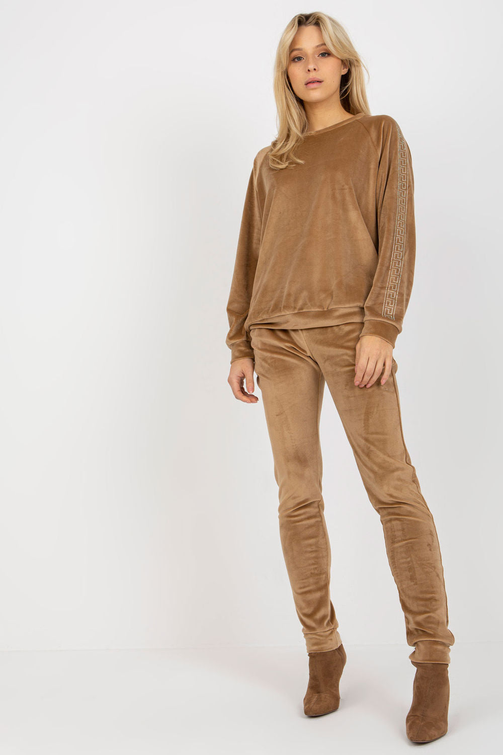 Relevance Camel Round Neck Velvet Long Sleeve Co-Ord Set