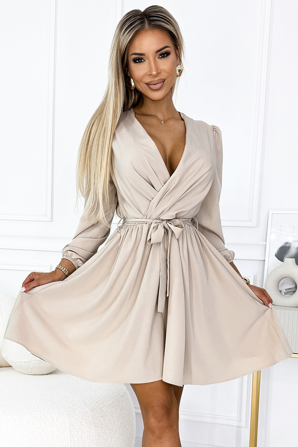 Numoco Bindy Beige Wrap Cocktail Dress