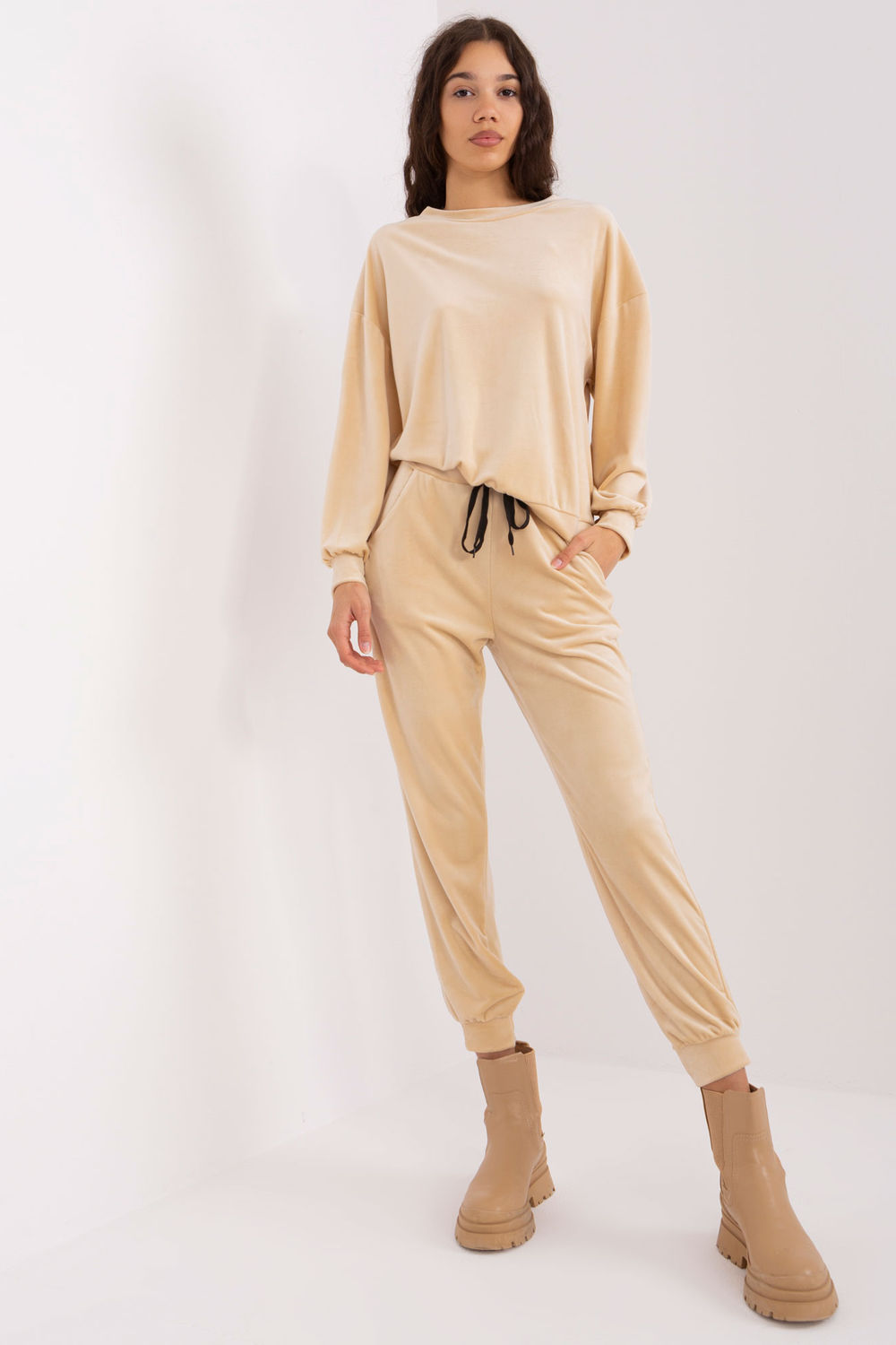 Italy Moda Beige Velvet Long Sleeve Co-Ord Set