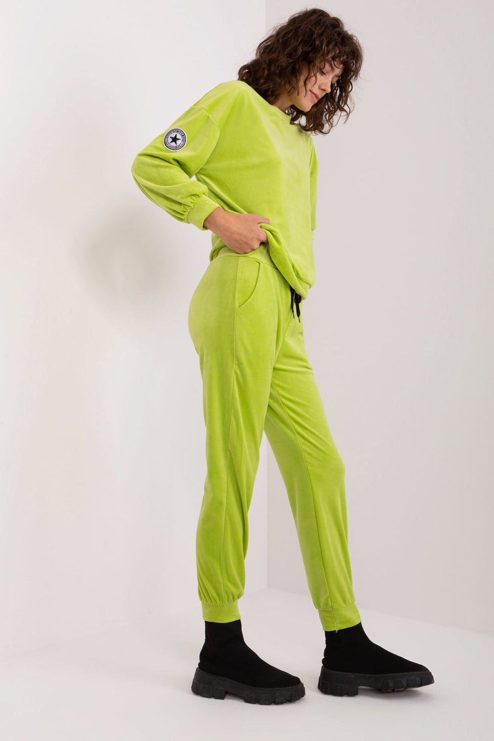 Italy Moda Lime Velvet Long Sleeve Co-Ord Set - view 2