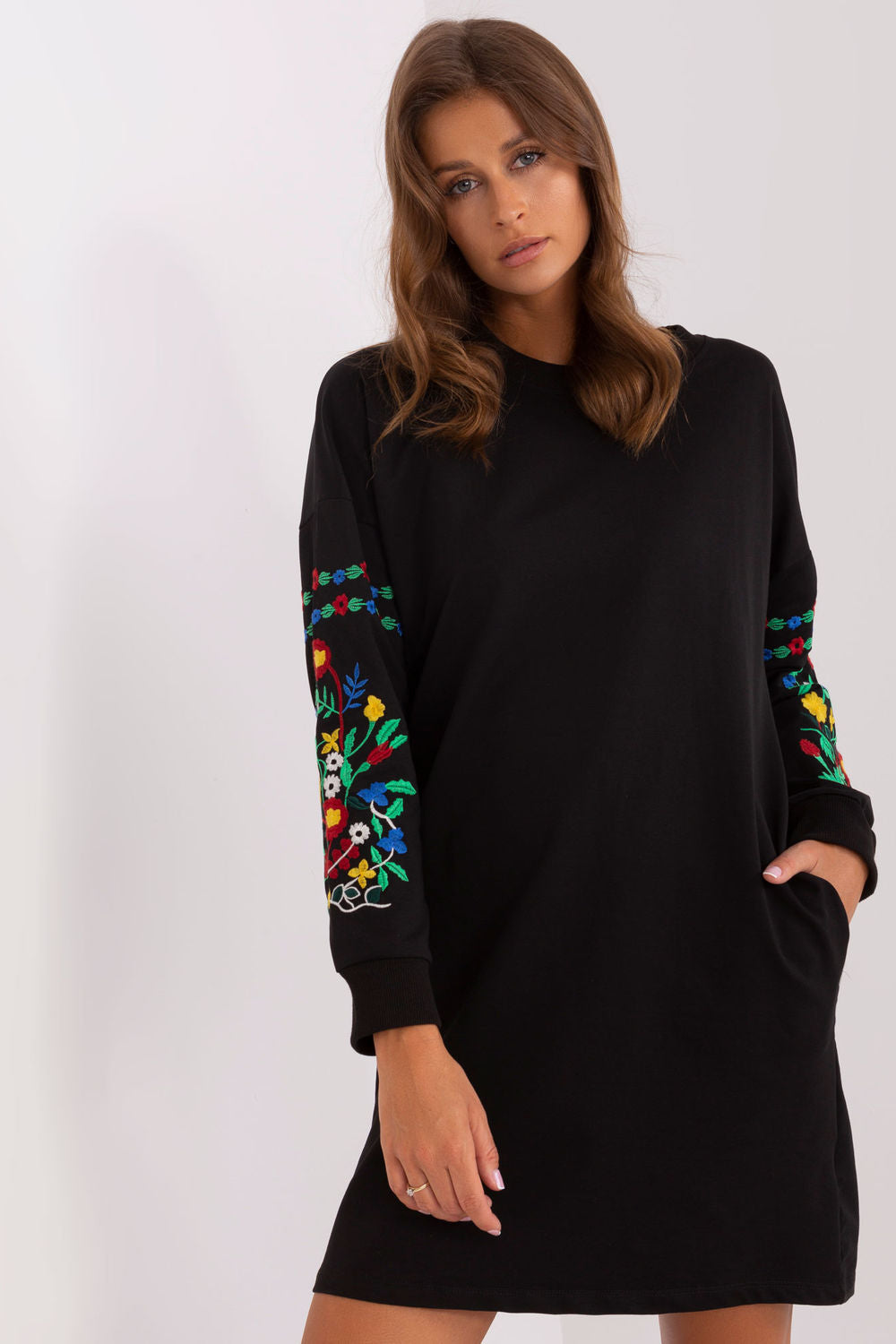 Rue Paris Black Round Neck Cotton Long Sleeve Dress