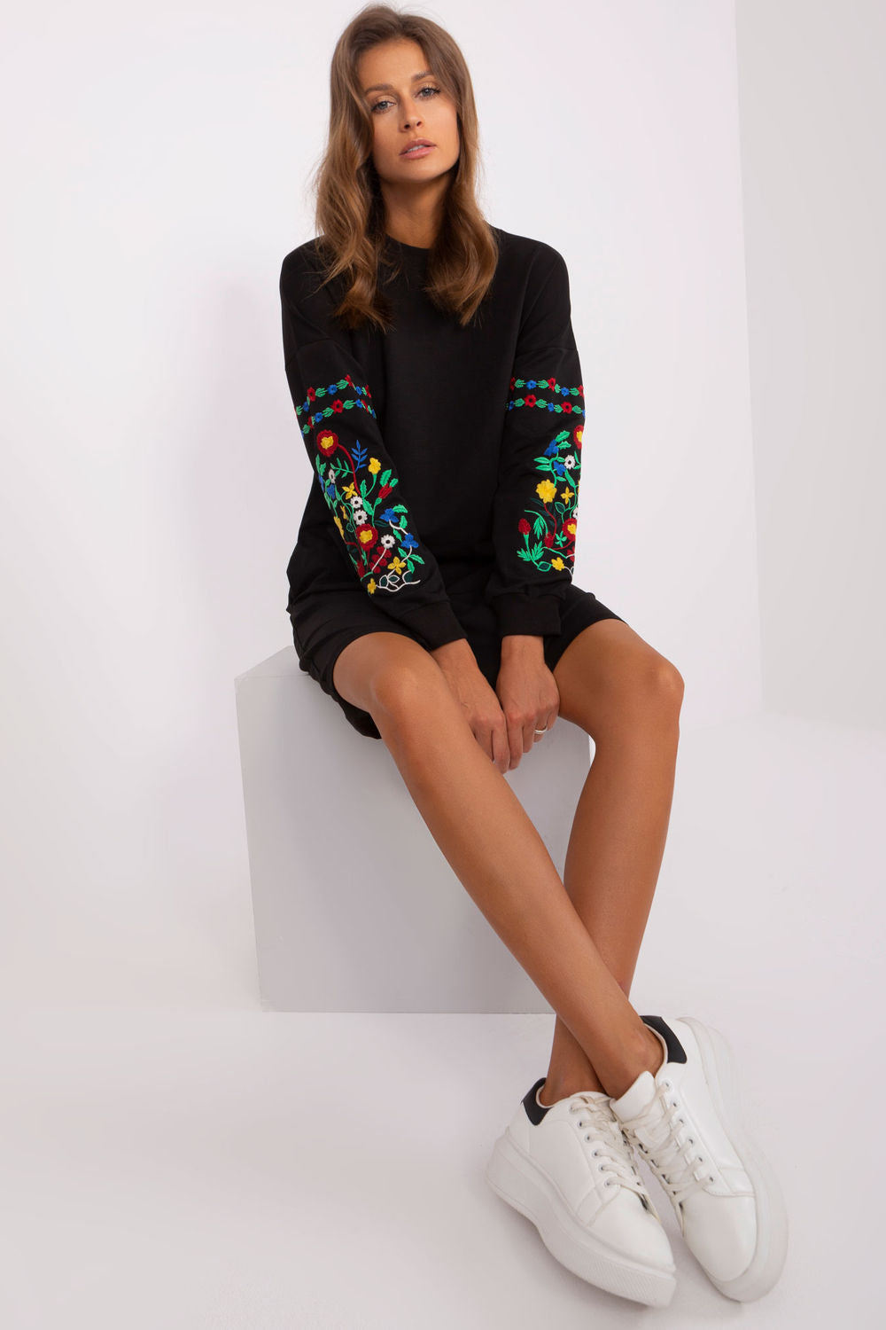 Rue Paris Black Round Neck Cotton Long Sleeve Dress - view 2