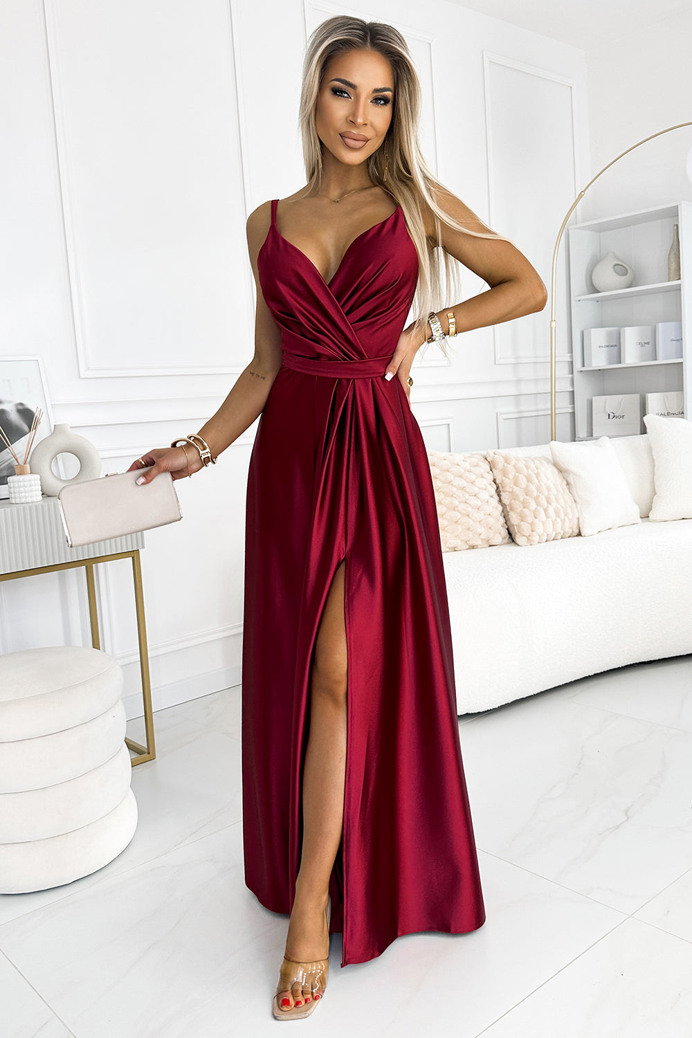 Numoco Juliet Burgundy Satin Maxi Dress