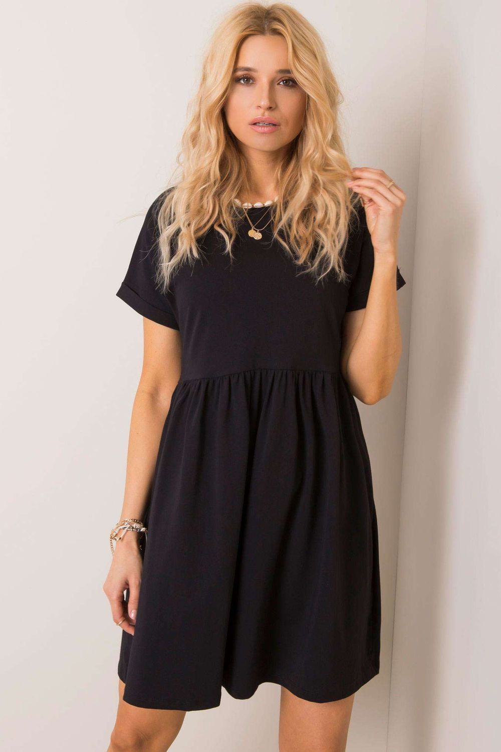 Rue Paris Black Flared Short Sleeve Dress