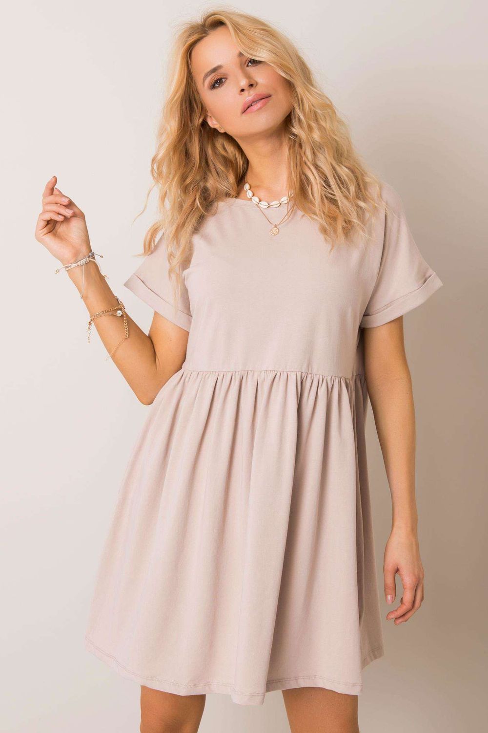 Rue Paris Beige Flared Short Sleeve Dress