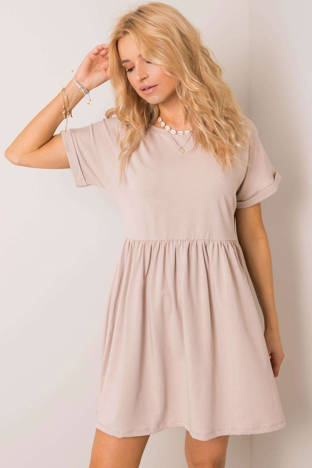 Rue Paris Beige Flared Short Sleeve Dress - view 2