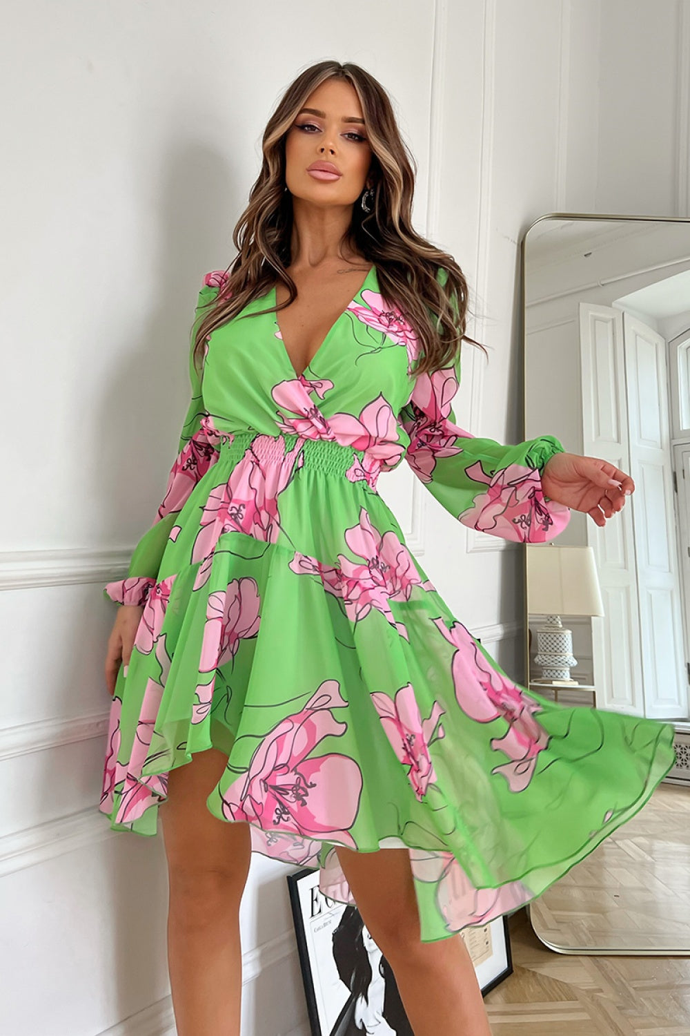 Bicotone Grass Green Chiffon Long Sleeve Dress