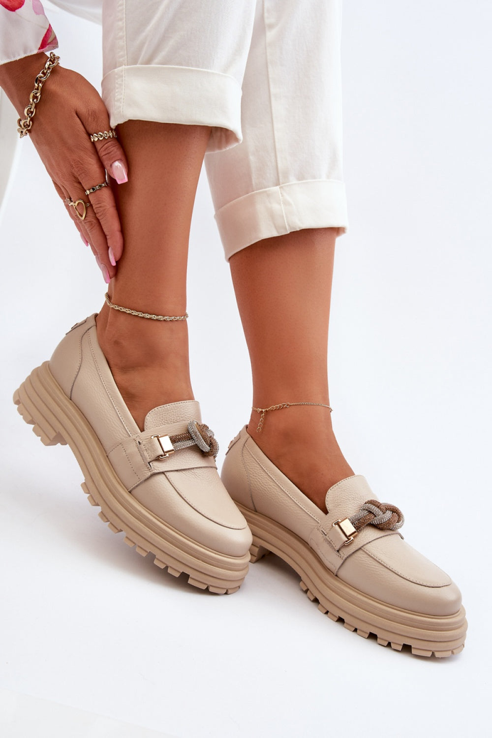 Step In Style Laura Messi Beige Leather Platform Moccasins
