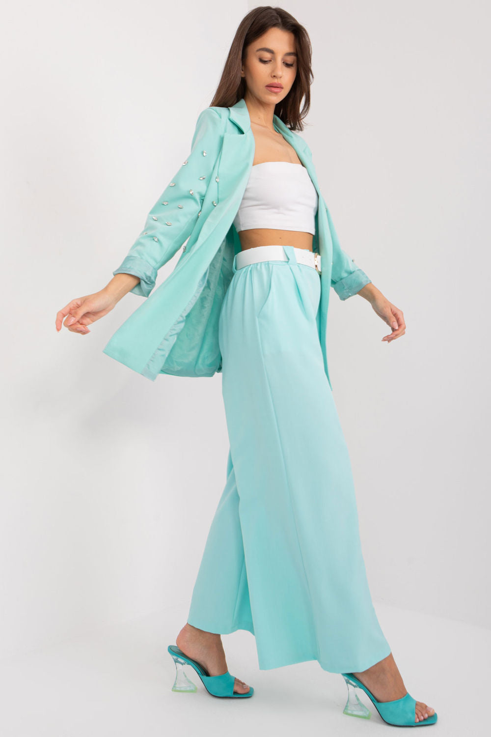Italy Moda Mint Wide Leg High Waisted Trousers - view 2