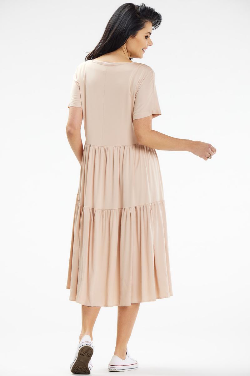 Awama Beige Boat Neck Midi Short Sleeve Dress - view 3