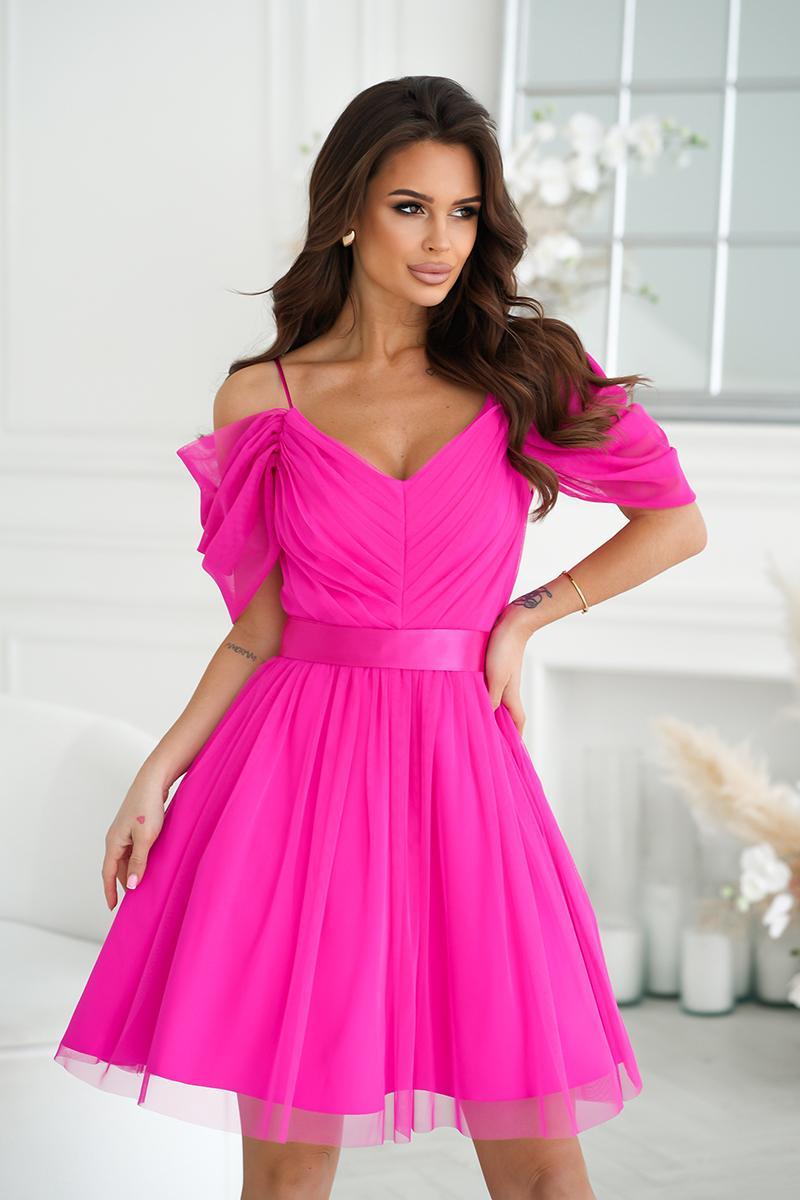 Bicotone Fuchsia Mesh Flared Evening Dress