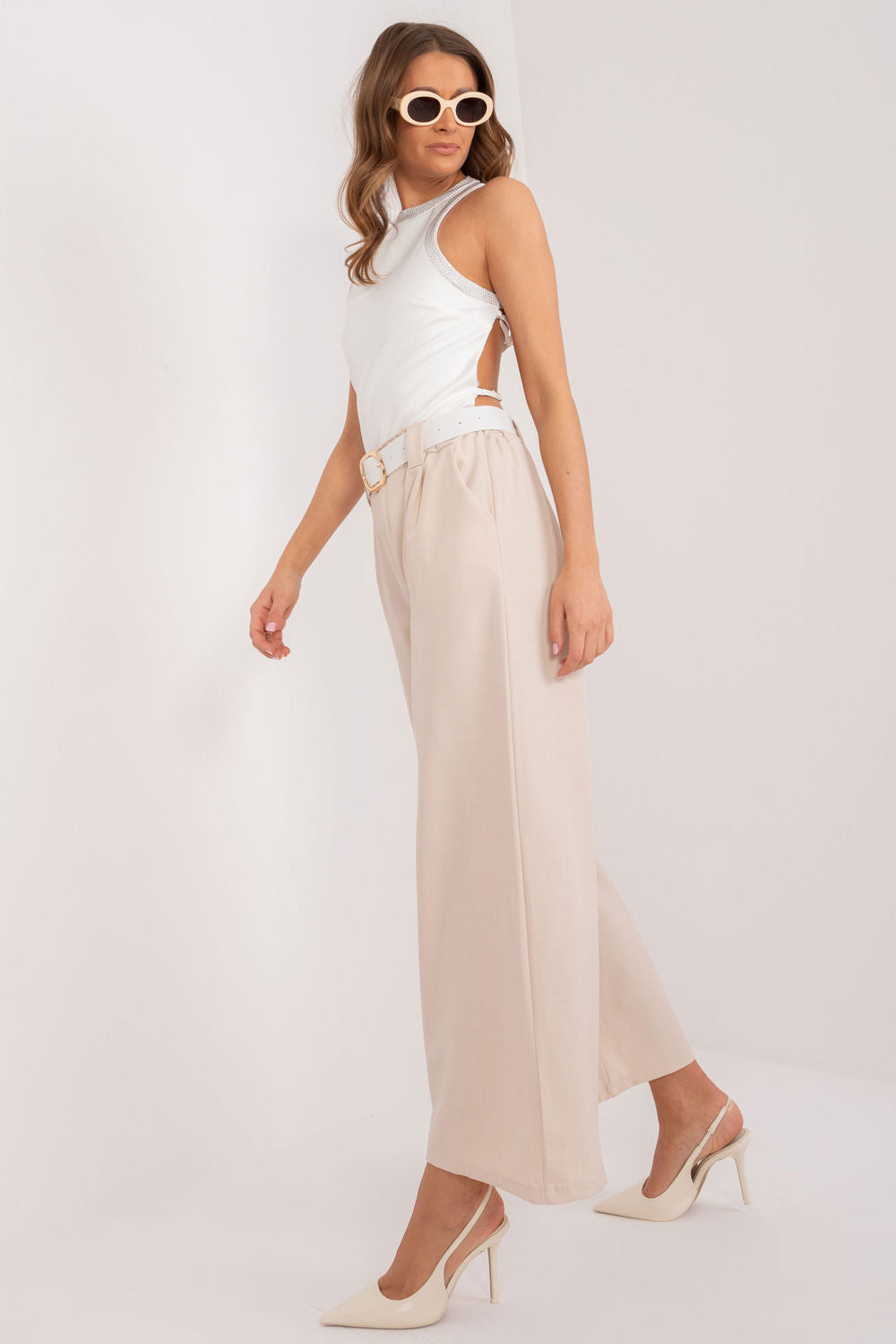 Italy Moda Light Beige Polyester Wide Leg High Waisted Trousers - view 2