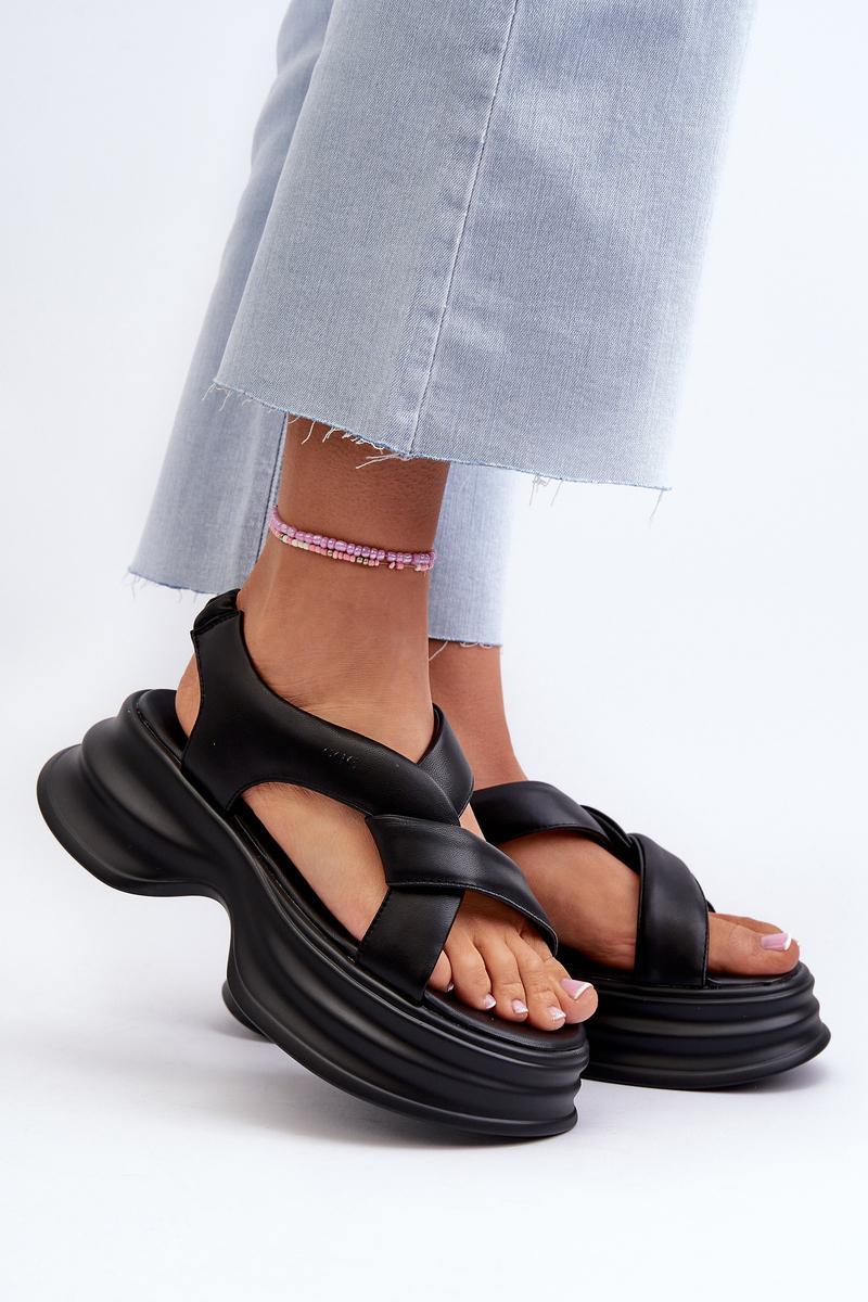 Step In Style Goe Black Leather Platform Sandals