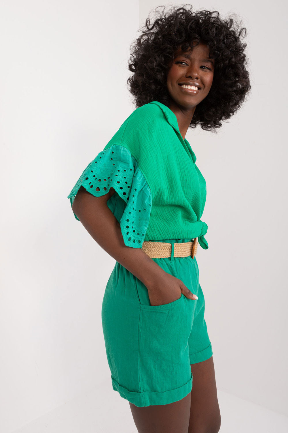 Italy Moda Green Linen Cotton Shorts - view 2