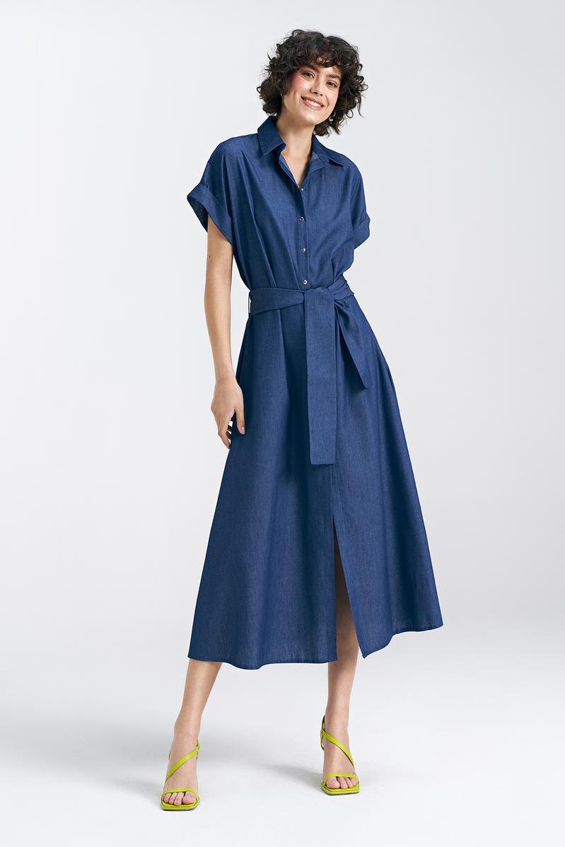 Nife Denim Blue Midi Pleated Dress