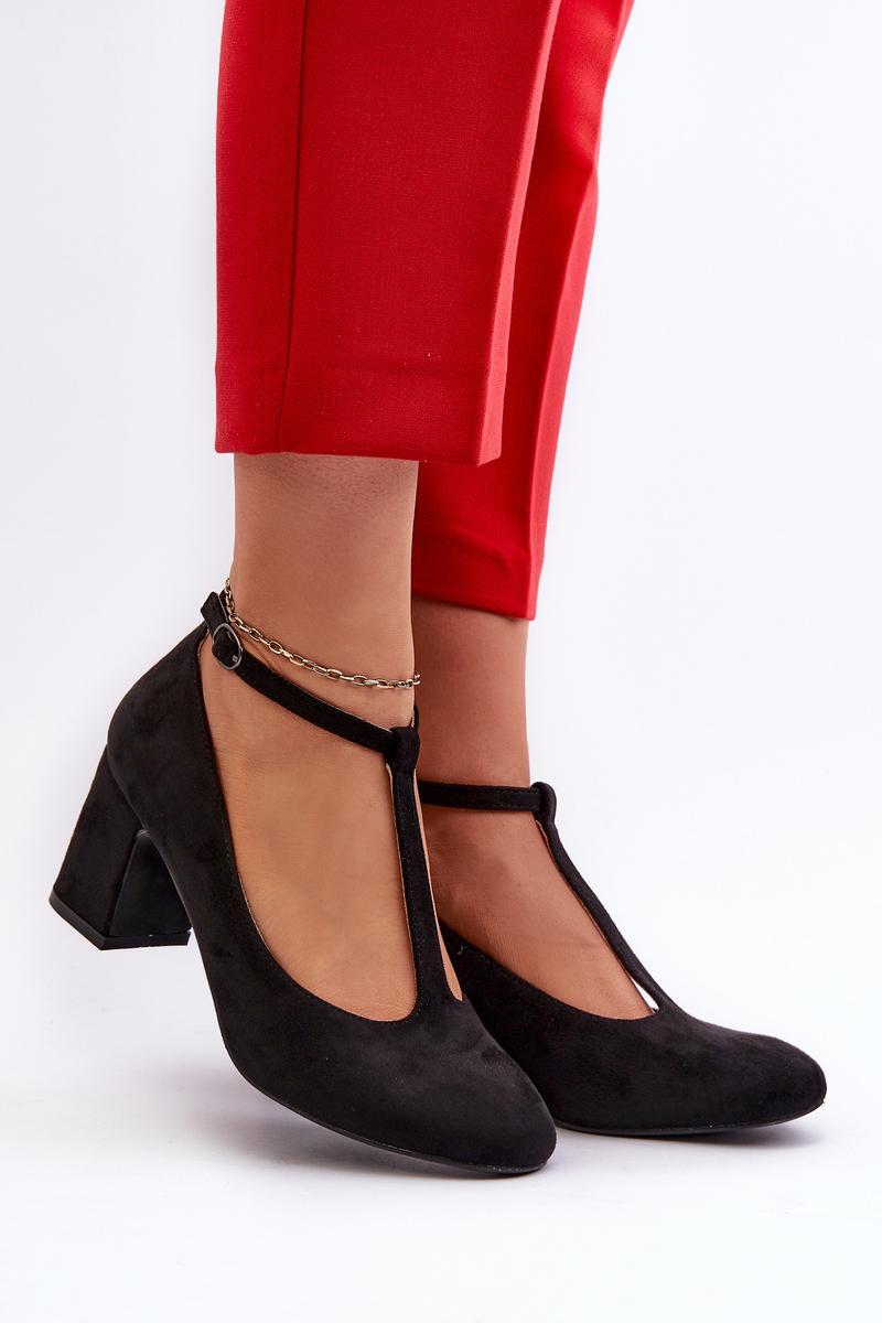 Step In Style Raniyah Black Leather Block Heel Court Shoes
