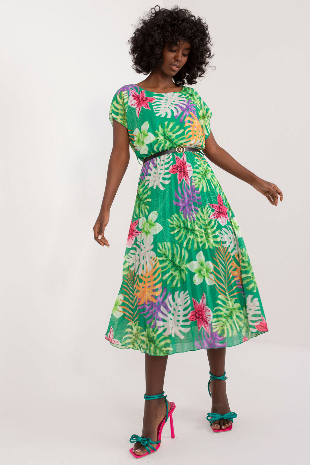 Italy Moda Green Flared Short Sleeve Dress