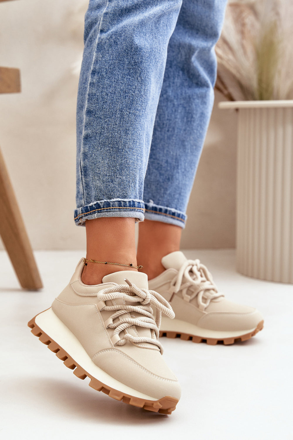 Step In Style Beige Faux Leather Platform Trainers