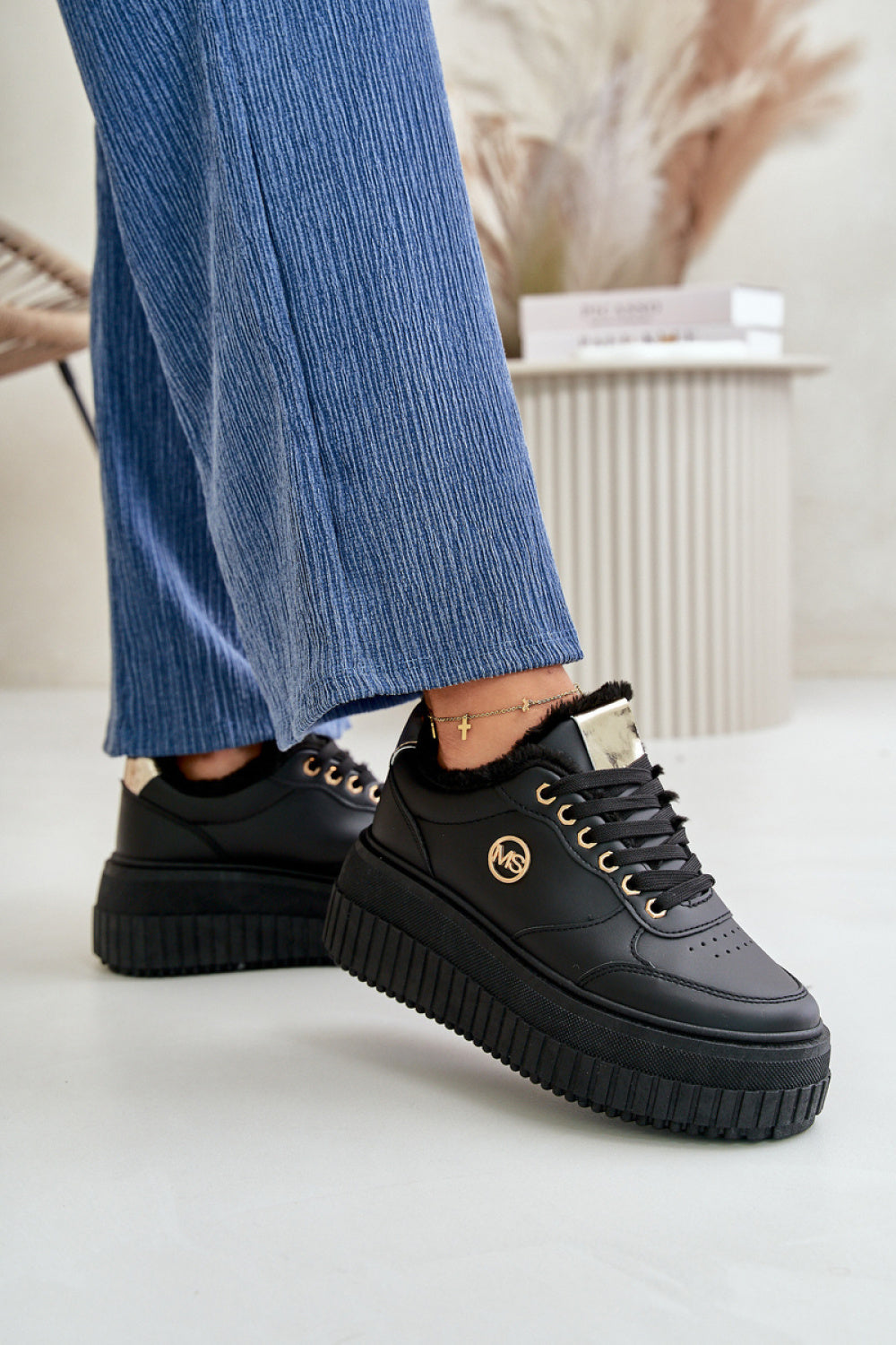 Step In Style Black Faux Leather Platform Lace Up Trainers