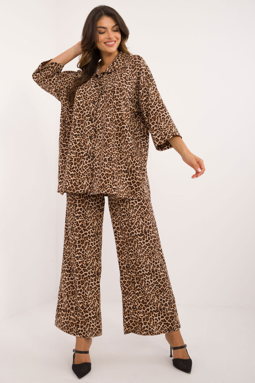 Italy Moda Beige Button Front Wide Leg High Waisted Co-Ord Set