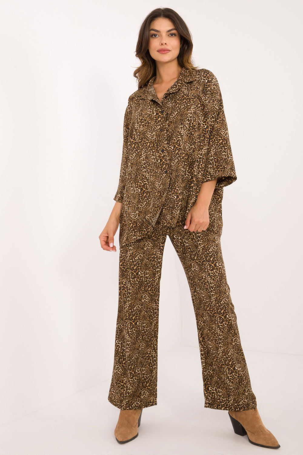 Italy Moda Beige Polyester Wide Leg High Waisted Co-Ord Set