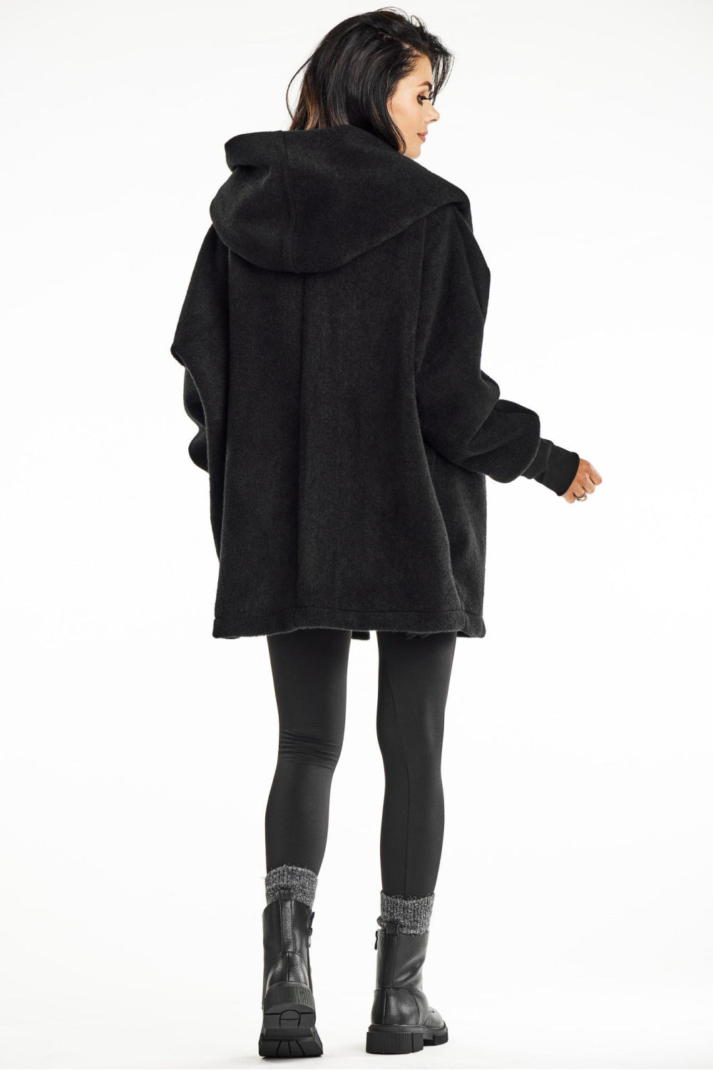 Awama Black Loose Fit Knitted Hooded Coat - view 3