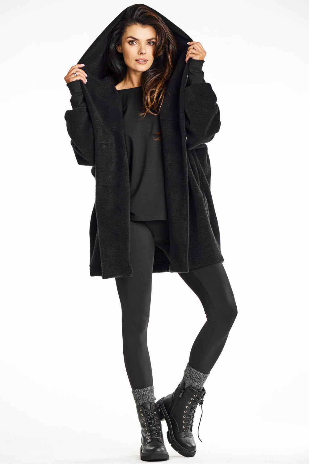 Awama Black Loose Fit Knitted Hooded Coat - view 4