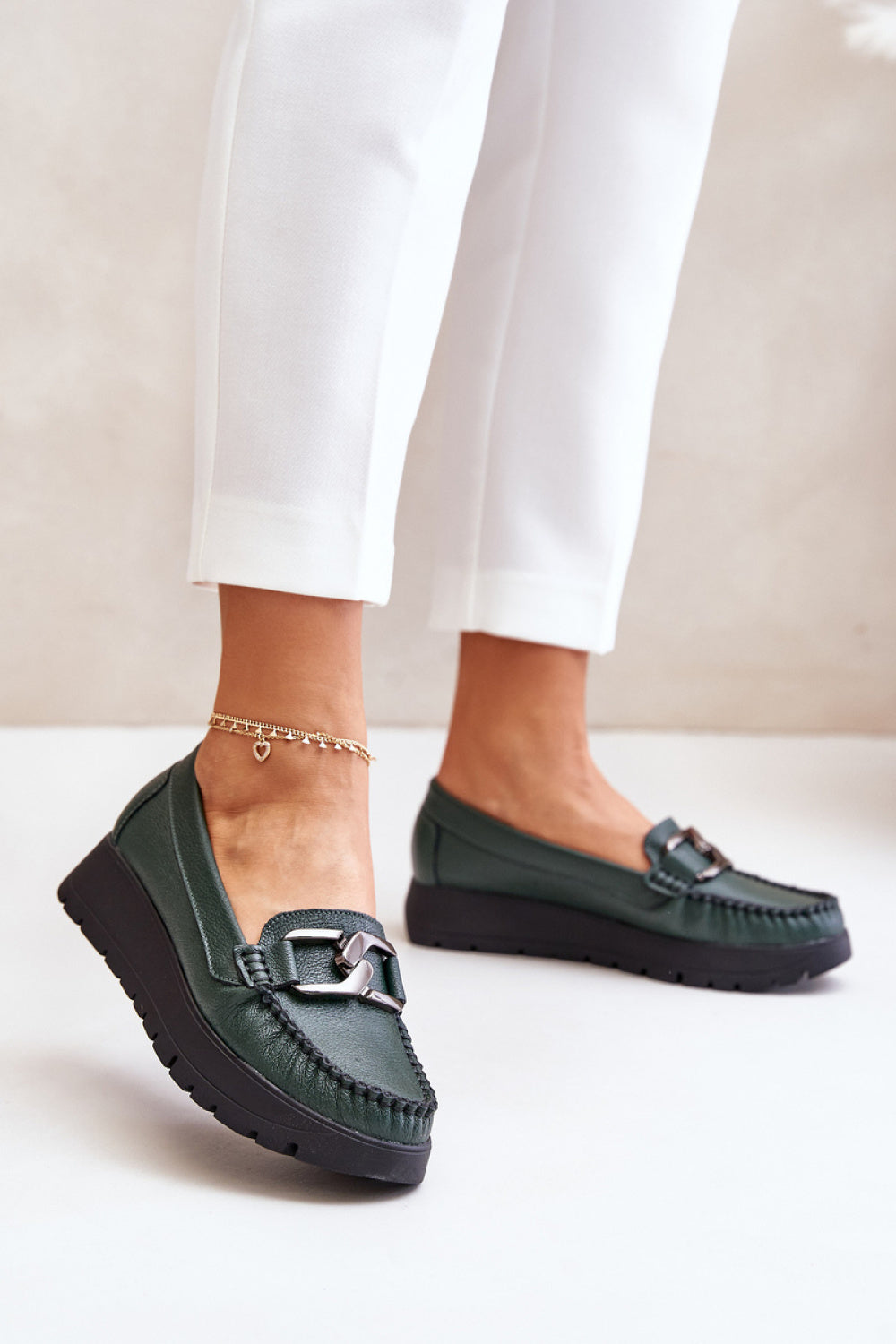 Step In Style Zazoo Dark Green Leather Platform Moccasins