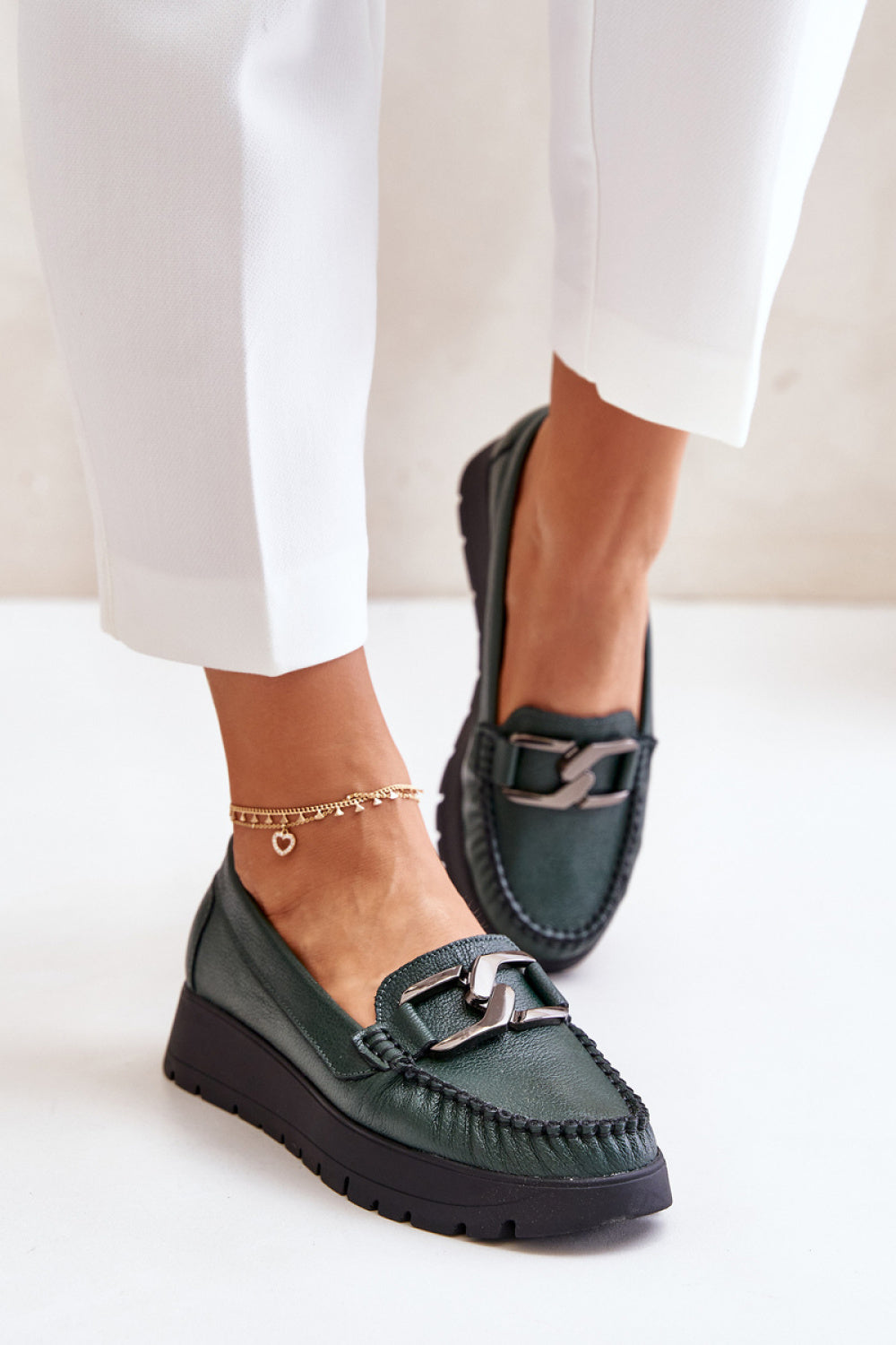 Step In Style Zazoo Dark Green Leather Platform Moccasins - view 3