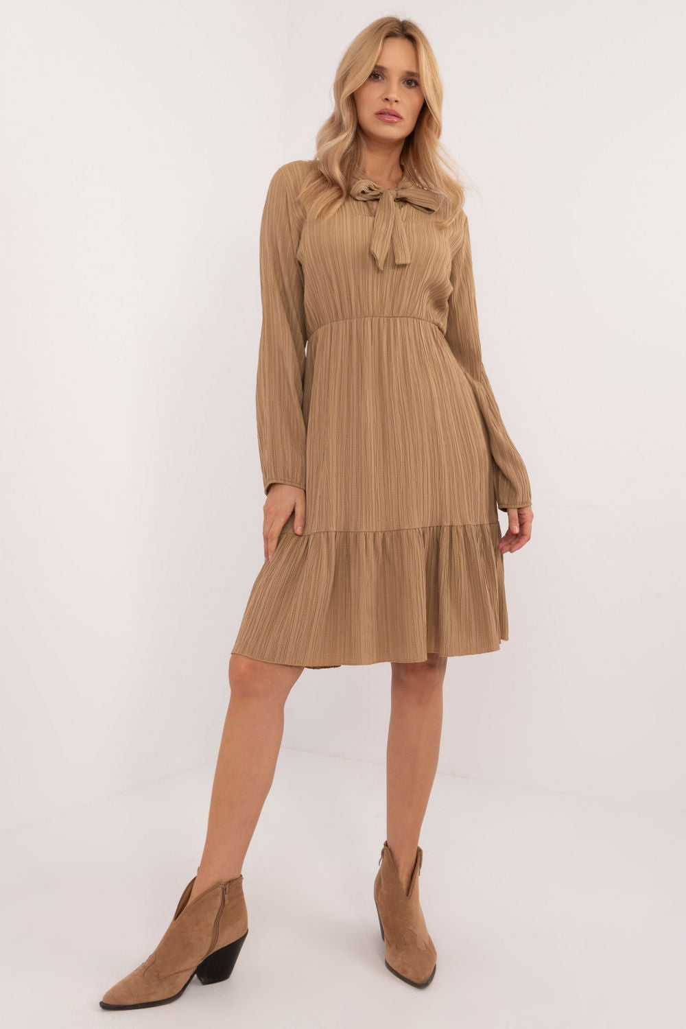 Och Bella Camel Flared Long Sleeve Dress