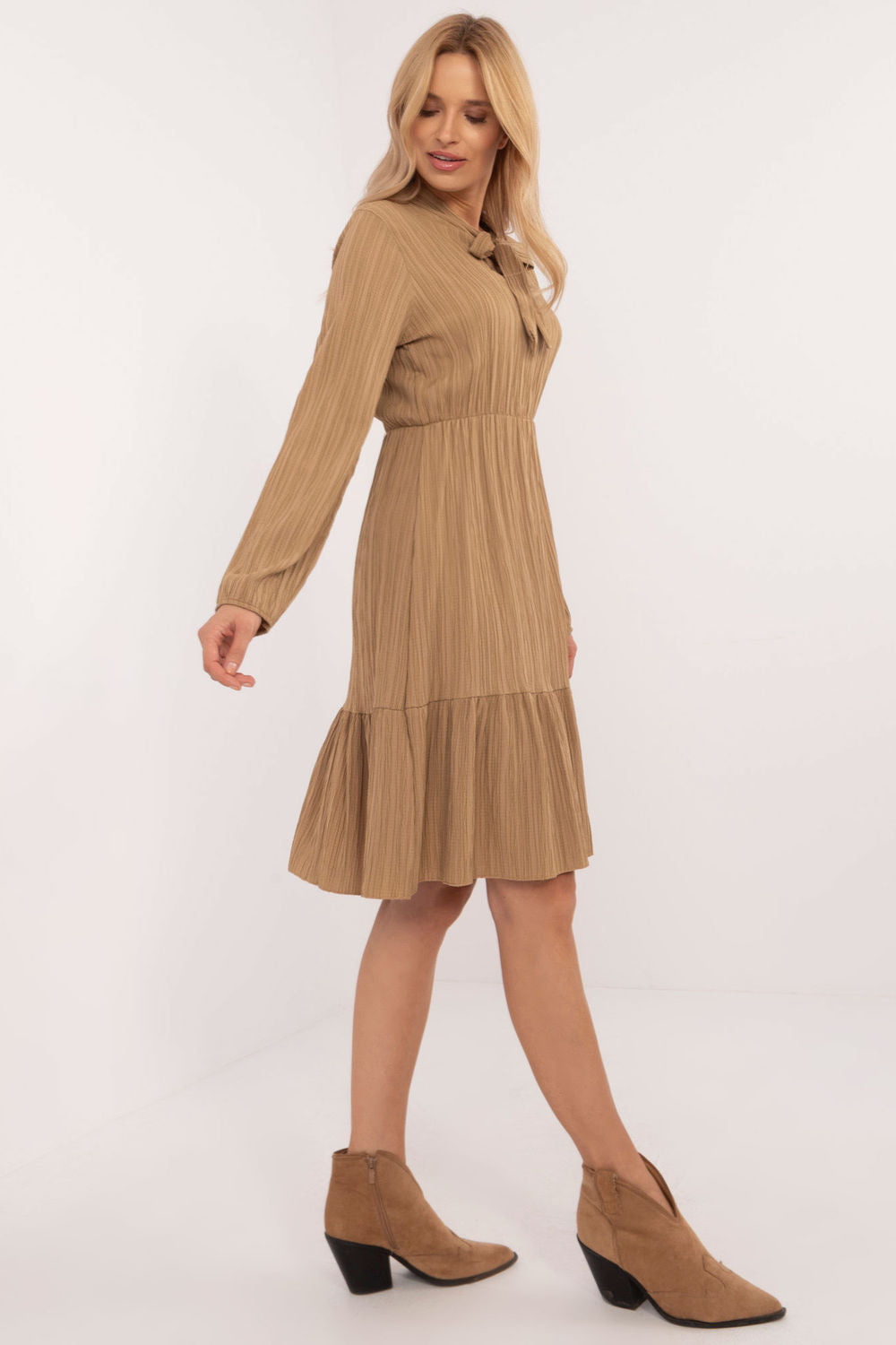 Och Bella Camel Flared Long Sleeve Dress - view 2