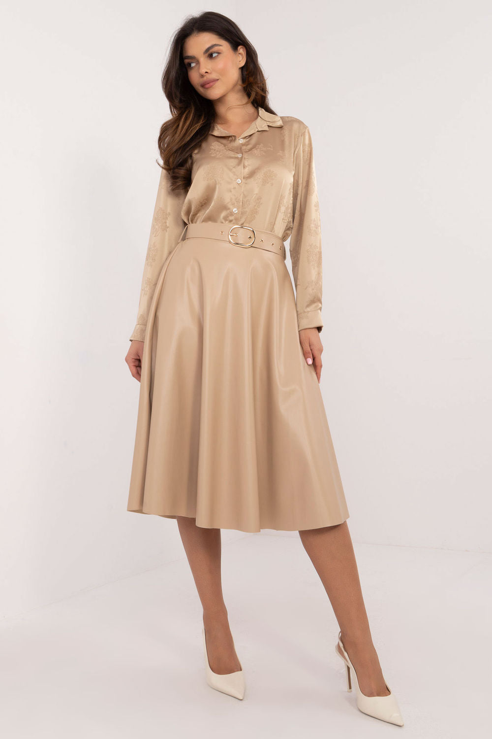 Italy Moda Beige Faux Leather Flared Skirt - view 4