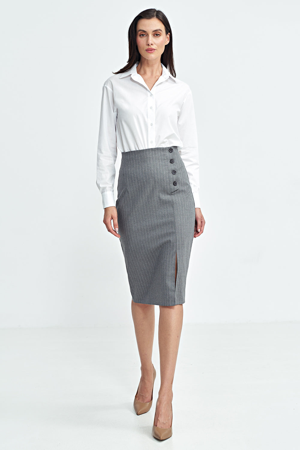Nife Grey Striped High Waisted Skirt - view 2