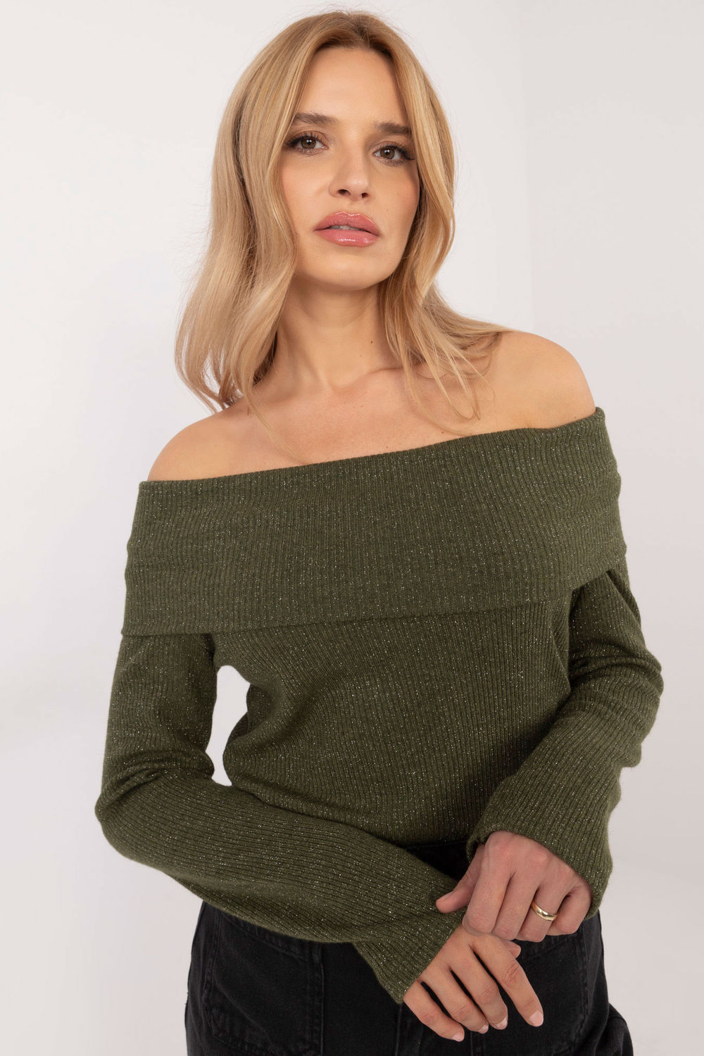 Italy Moda Khaki Off Shoulder Long Sleeve Jumper - view 2