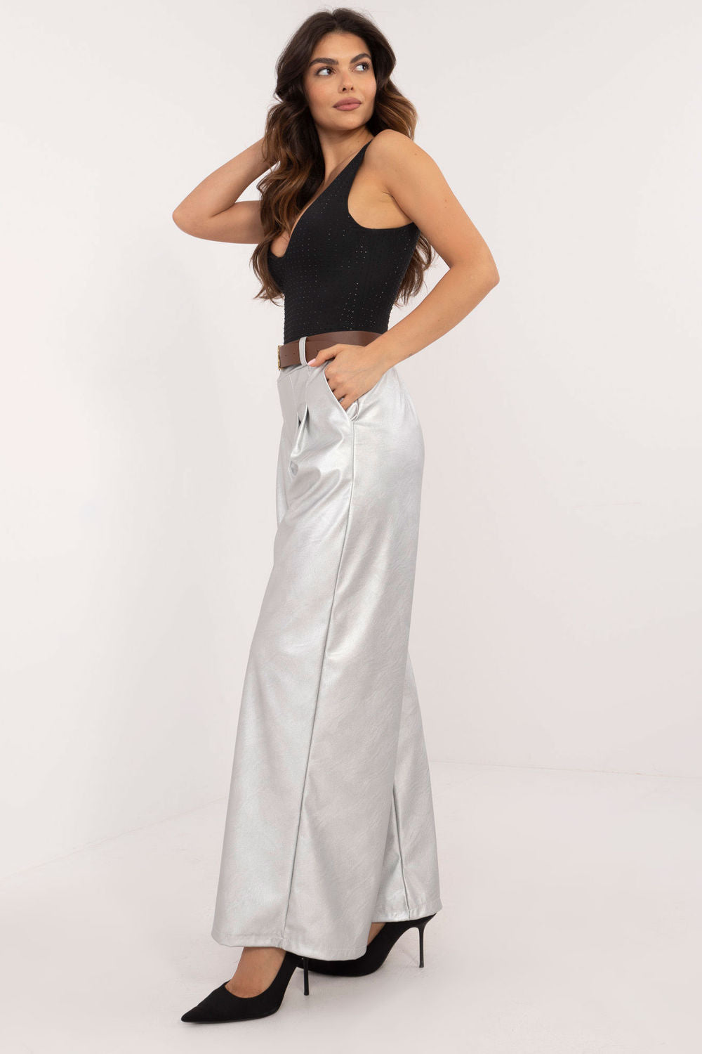 Italy Moda Silver Faux Leather Wide Leg Trousers - view 2