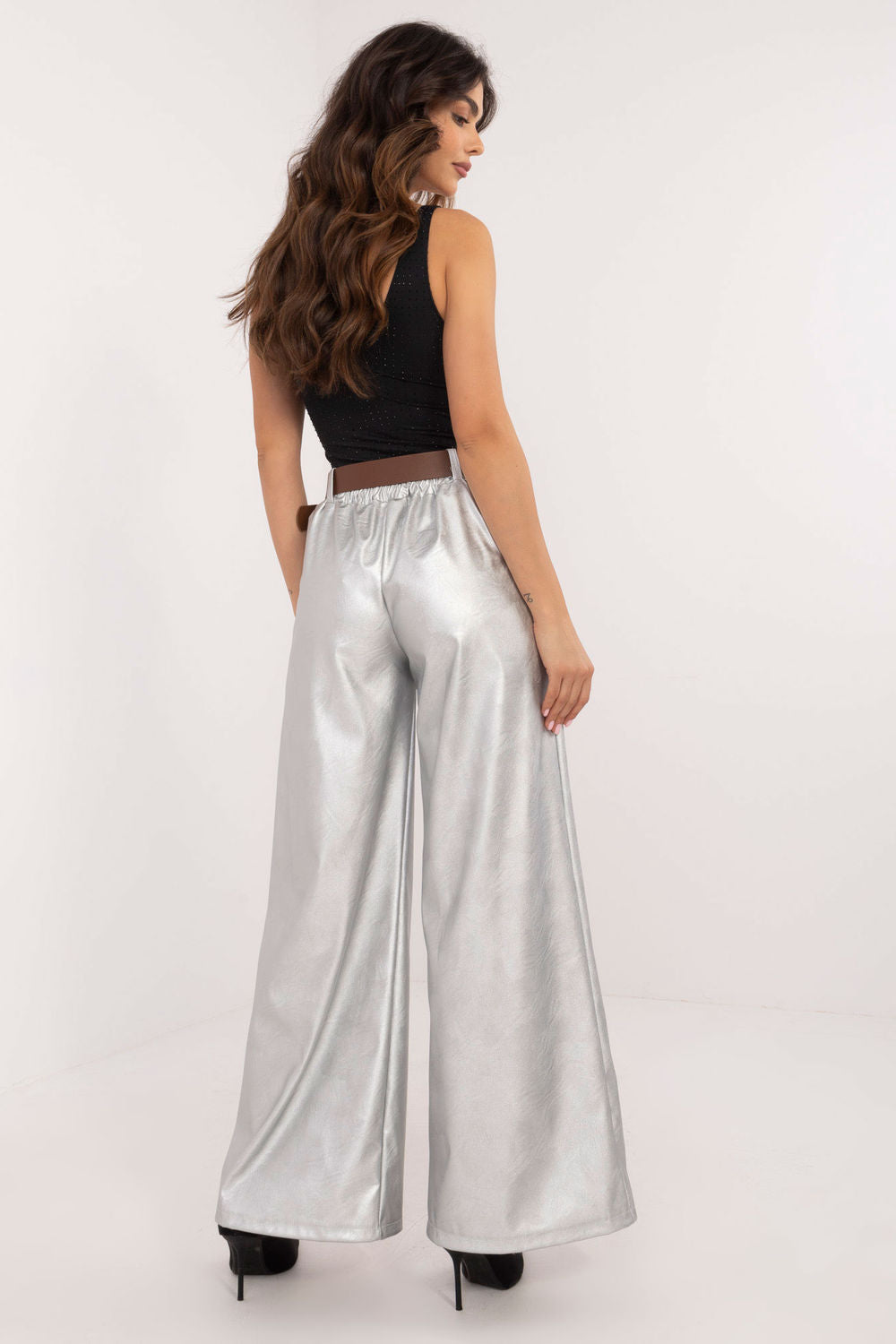 Italy Moda Silver Faux Leather Wide Leg Trousers - view 3