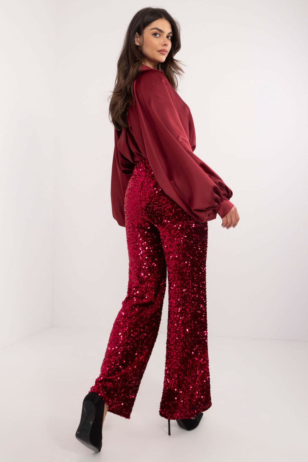 Italy Moda Burgundy Sequin High Waisted Trousers - view 2