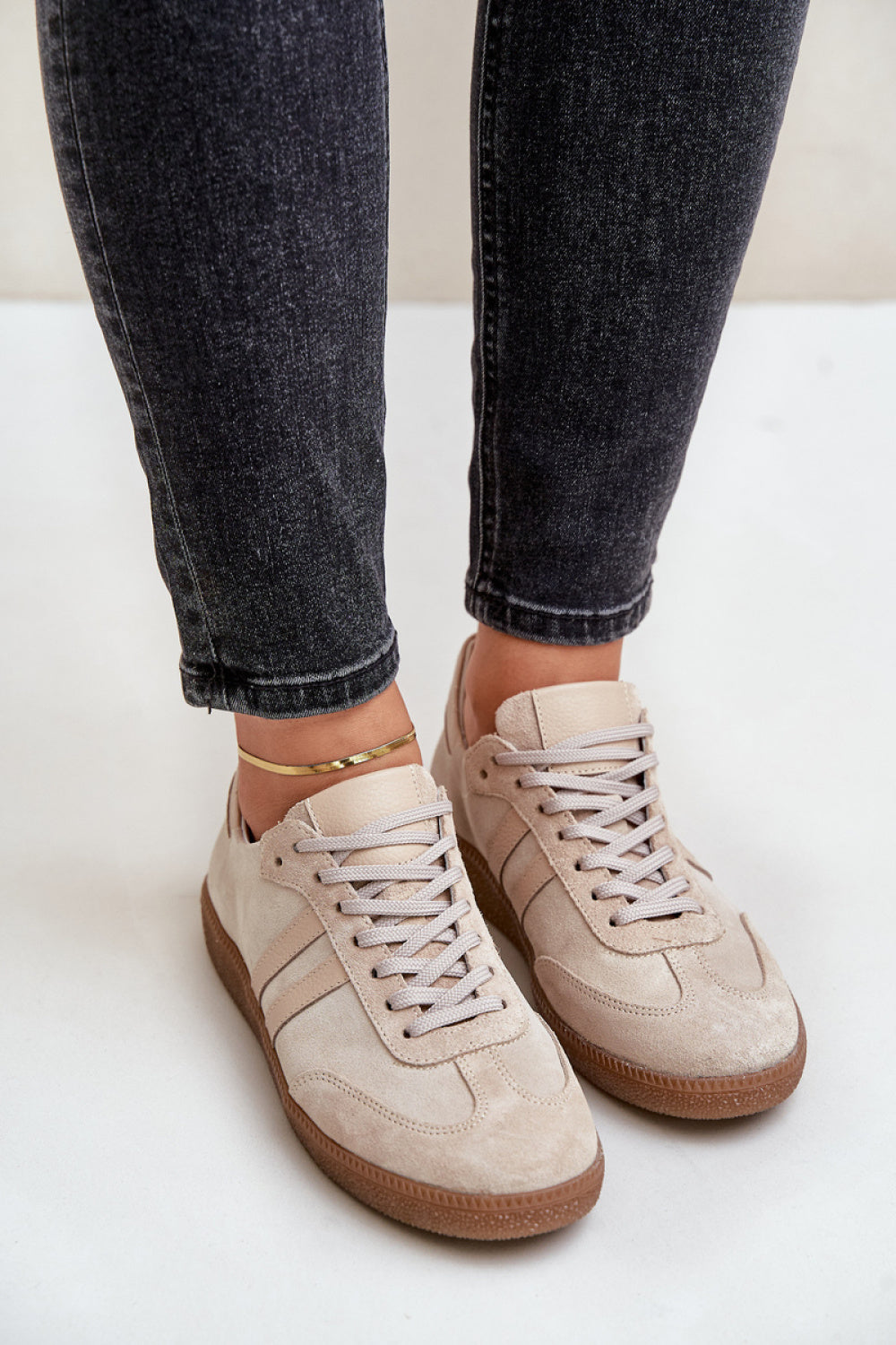 Step In Style Beige Leather Lace Up Trainers - view 3