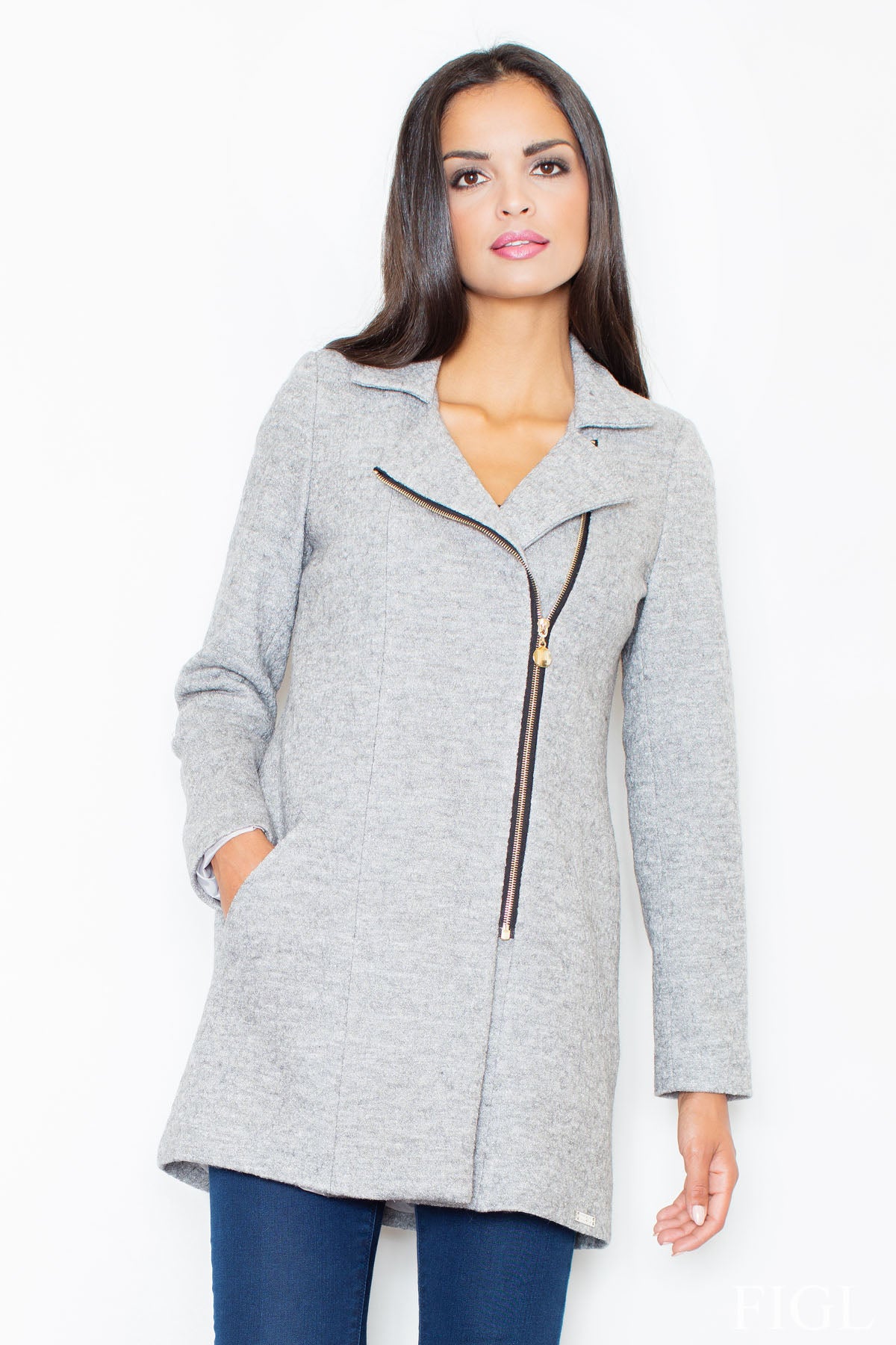 Figl Grey Bodycon Zip Up Coat
