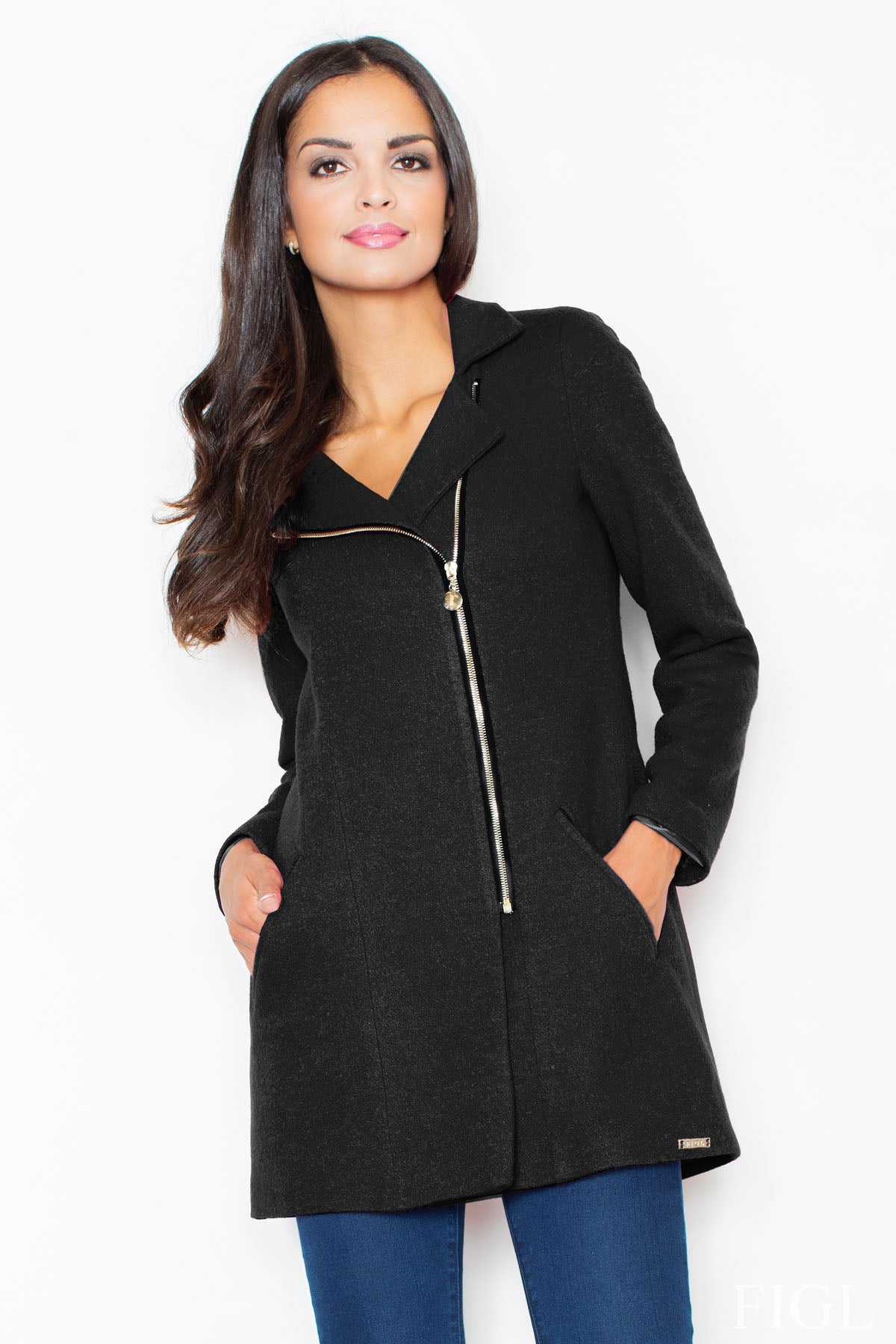 Figl Black Bodycon Zip Up Coat