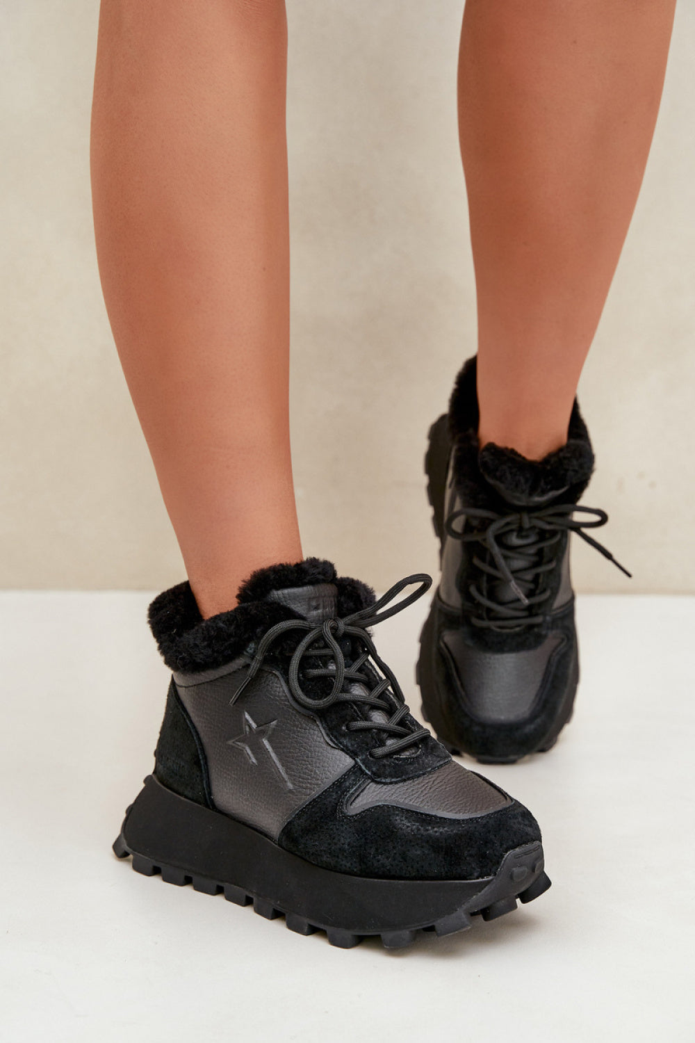 Step In Style Black Leather Platform Trainers with Zip