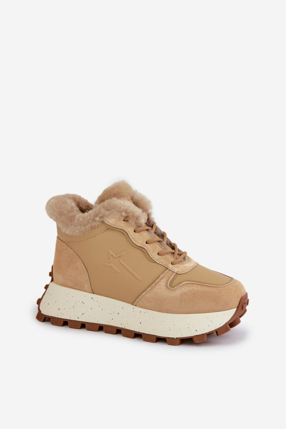Step In Style Beige Leather Platform Lace Up Warm Lined Trainers - view 2
