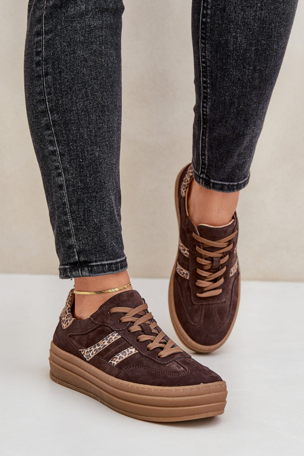 Step In Style Chocolate Suede Platform Trainers with Round Toe - view 3