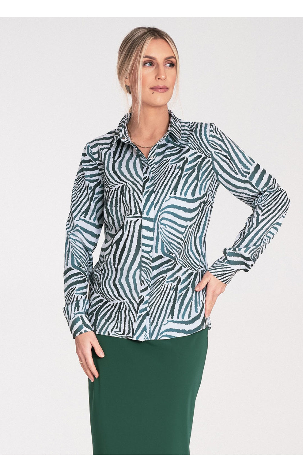 Figl Patterned Collared Long Sleeve Top