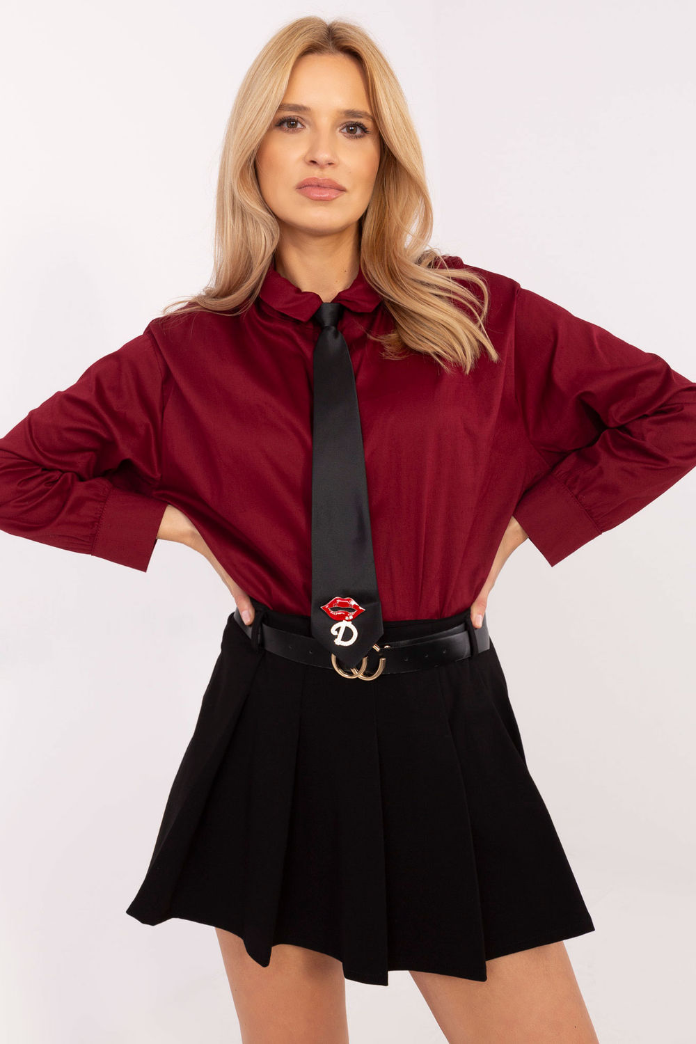 Italy Moda Burgundy Collared Cotton Long Sleeve Top with Buttons
